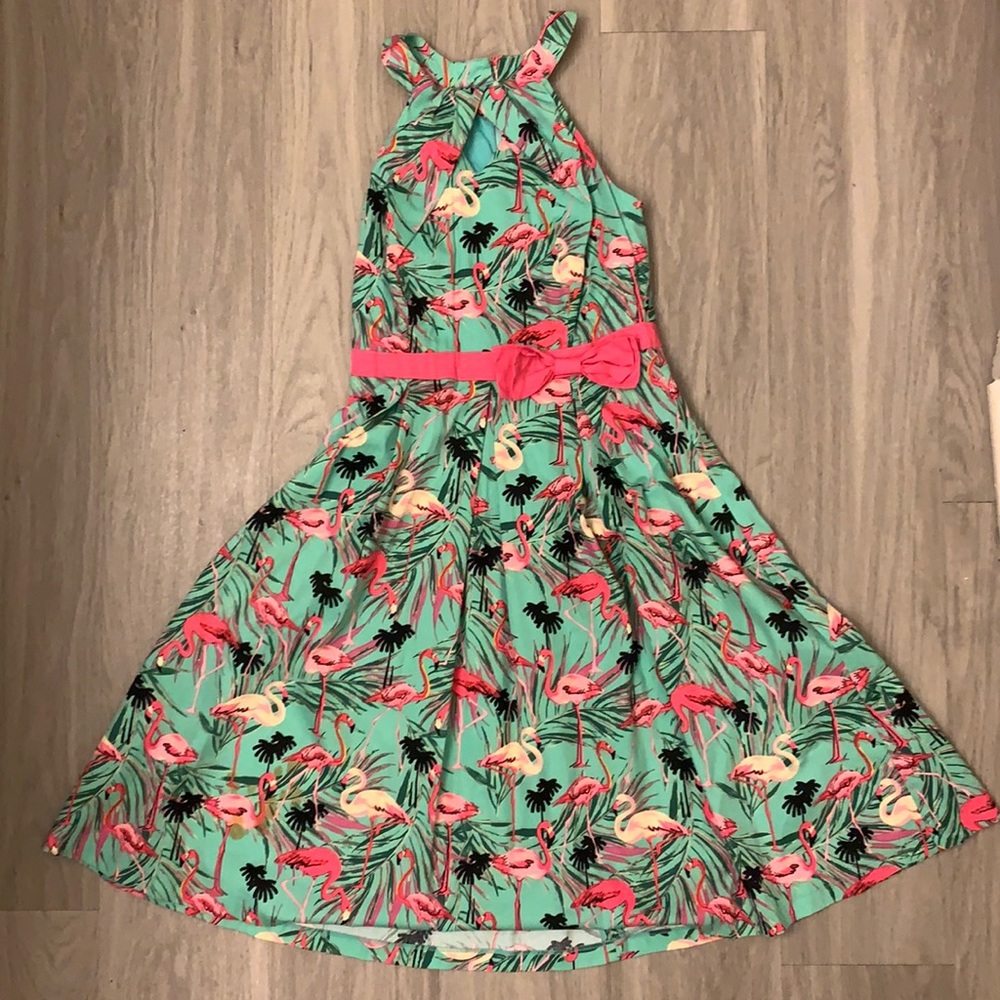 Lindy Bop green flamingo cotton swing dress